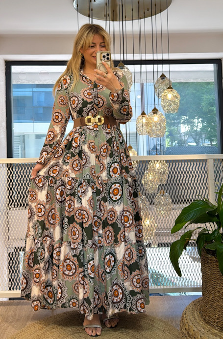 Mint Yeşili Mandala Desen Gömlek Elbise