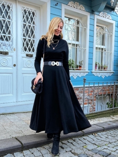 yeni moda sokakta - siyah Triko Uzun Elbise