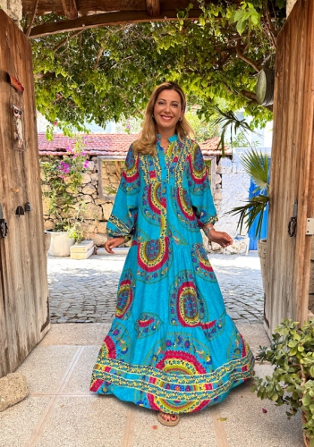moda sokakta - Turkuaz Mandala Desen Elbise
