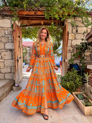 moda sokakta - Turuncu Mandala Desen Gömlek Elbise