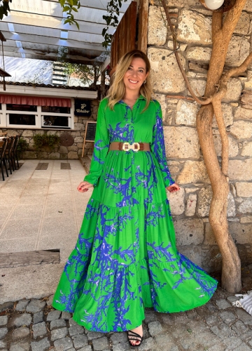 moda sokakta - Yeşil Yağlı Boya Desen Elbise